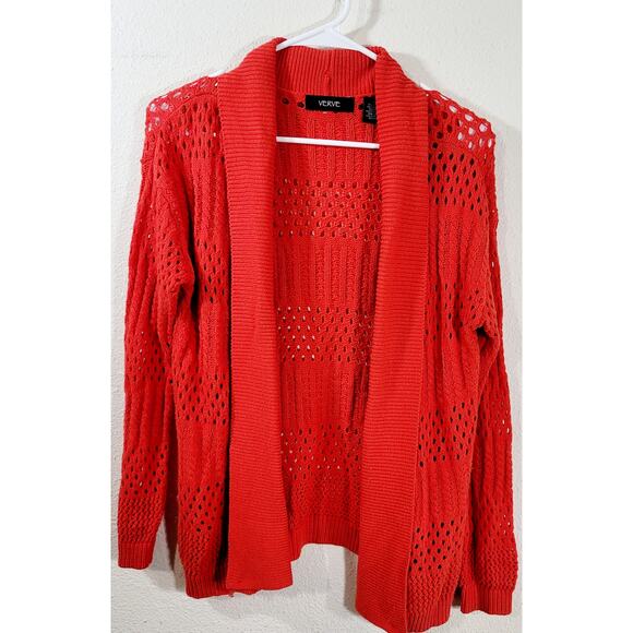 Verve Red Orange Open Front Open Knit Cardigan Sweater Small Lightweight Soft - Picture 7 of 7